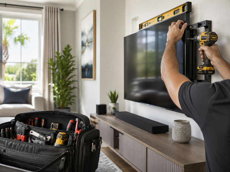 AFTER Professional Residential Handyman & TV Mounting AFTER Professional handyman using a level and drill to mount a large flat-screen TV in a Pensacola home, representing Grunt Laborers' residential services.
