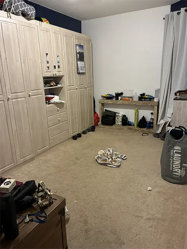 Beach front condo bedroom engineered hardward floor install carpet replacement BEFORE Grunt Laborers June 2026 Beach front condo bedroom engineered hardward floor install carpet replacement BEFORE Grunt Laborers June 2026